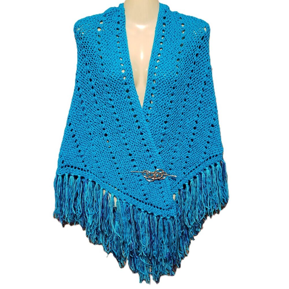 NEW Turquoise Blue Hand Knitted Knit Shawl Wrap Boho Hippie‎ Fringed Knit Eyelet